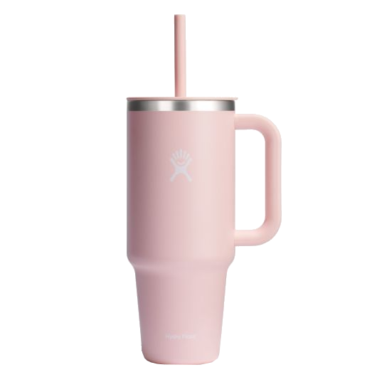 Hydro Flask All Around Travel Tumbler in soft pink with a straw and durable handle, perfect for hydration on the go.